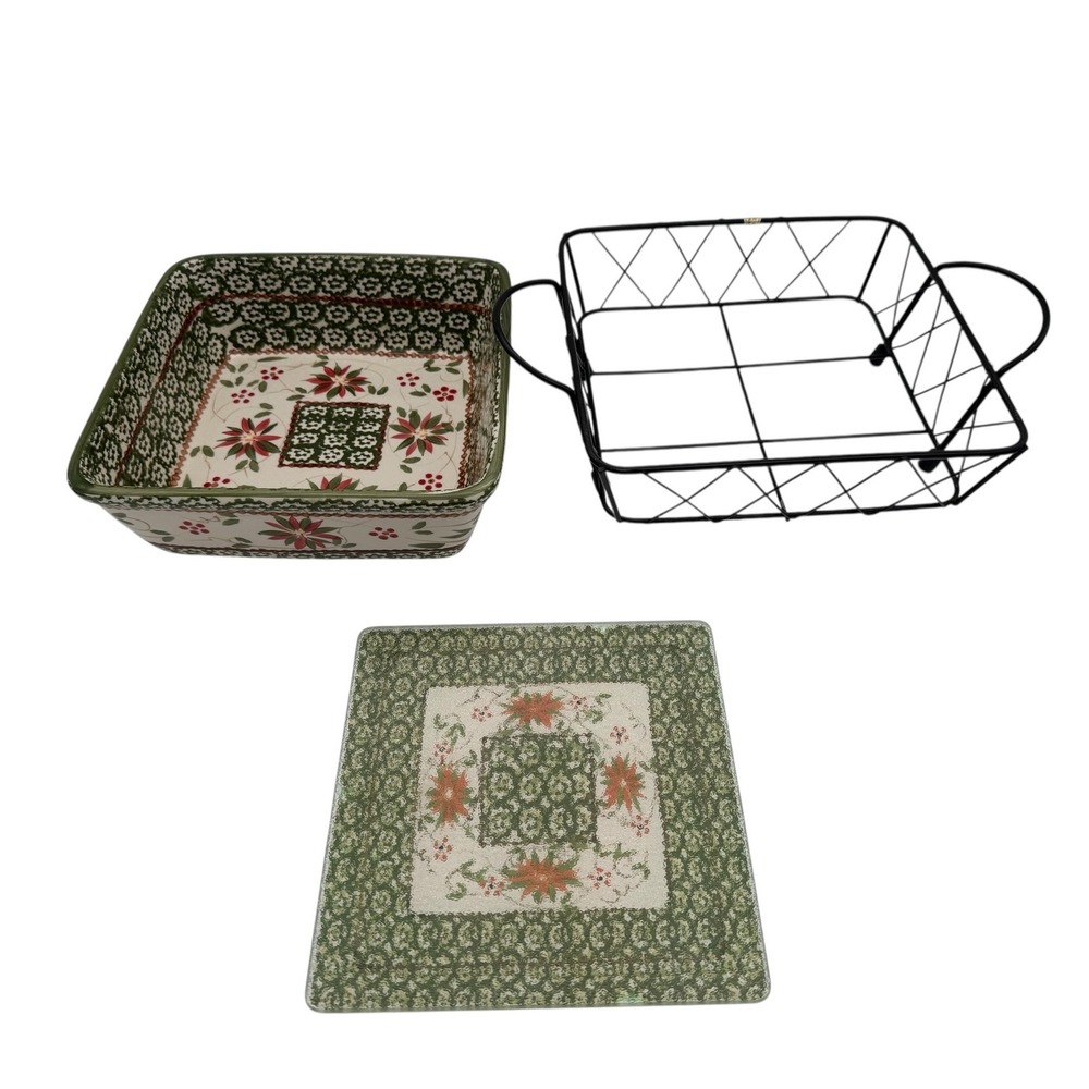 Temp-tations Old World Christmas 2 QT Square Baker Set Poinsettia Green 3pc